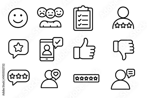 Vector illustration of customer feedback icons showcasing satisfaction and engagement levels in a digital environment