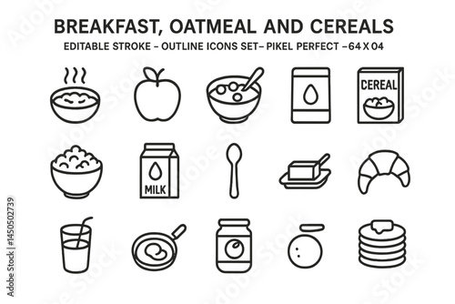 Flat vector illustration of breakfast items including cereals, milk, and fruit with editable stroke for design use