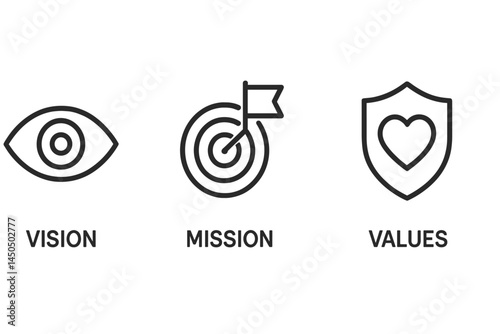 Flat vector illustration depicting vision, mission, and values concepts with minimalist icons on a clean background