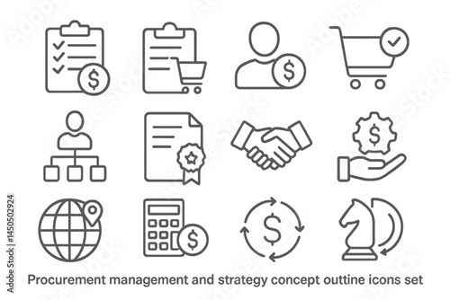 Procurement management and strategy concept with flat vector illustrations of icons representing business activities