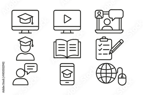 Vector illustration of online education tools and activities in a modern learning environment