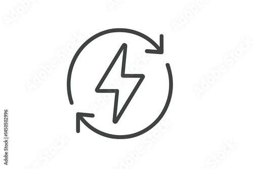 Flat vector illustration of a lightning bolt surrounded by recycling arrows representing renewable energy concepts and sustainability efforts