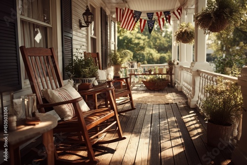 Cozy porch decorated for independence day with rocking chairs and american flags