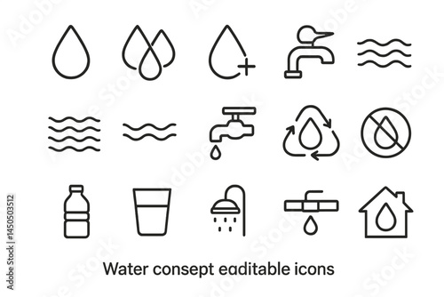 Collection of flat vector icons representing water concepts including drops, faucets, and containers for diverse applications