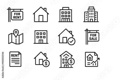 Flat vector illustration of real estate icons showcasing properties for rent and sale, along with maps and leasing documents