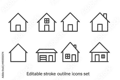 Collection of flat vector outline house icons showcasing various architectural designs and styles for design purposes