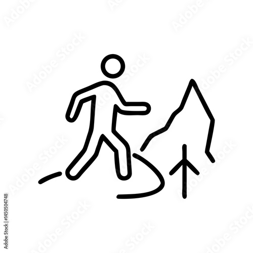 Hiking figure walking along a trail with mountains in background  