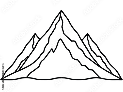 Outline mountain range icon., Black and white mountain line art.