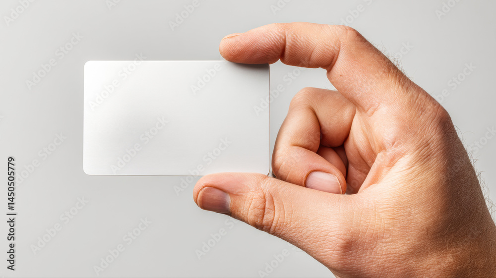 Obraz premium Blank business card in hand — a detailed and modern 3D-style concept ideal for tech visuals, infographics, marketing materials, and futuristic digital presentations.