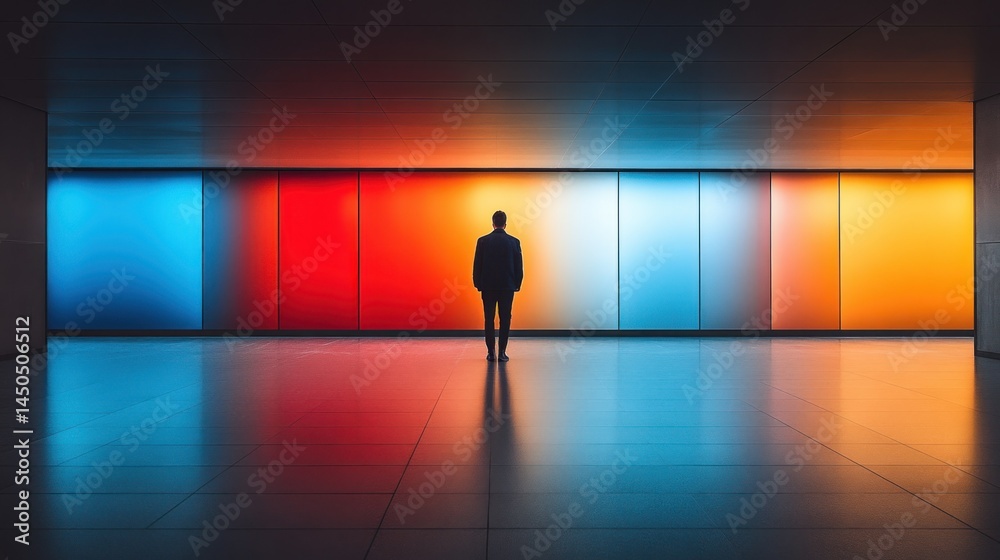 Obraz premium Man contemplates colorful urban wall, night