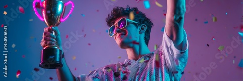 Champion gamer cheering with neon trophy and confetti