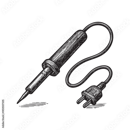 Soldering iron woodcut engraving vector illustration