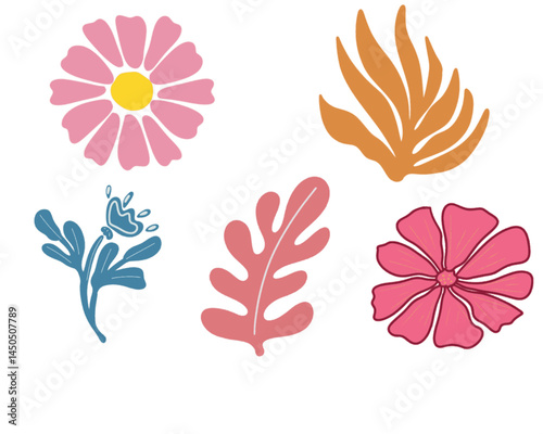 Five stylized floral designs are arranged on a white background. They include a large pink flower with a yellow center, a blue plant with a small flower, an orange leafy shape, a pink fern-like leaf
