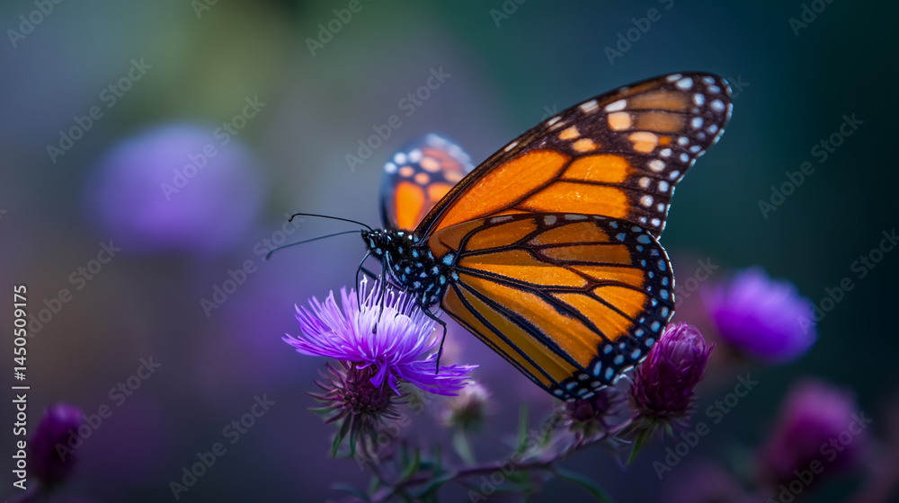 Fototapeta premium Monarch butterfly on a purple flower, nature photography, soft-focus background.