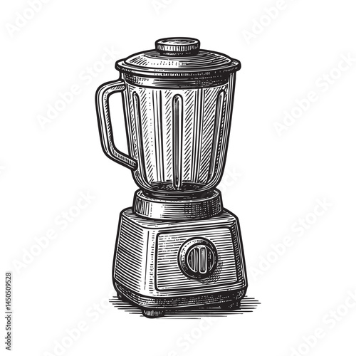 Kitchen blender woodcut engraving vector illustration