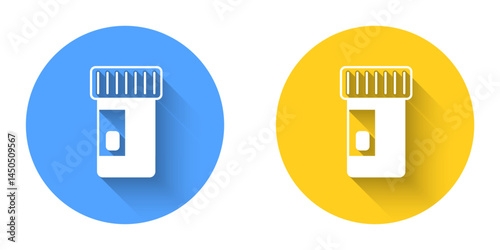 White Vitamin complex of pill capsule icon isolated with long shadow background. Healthy lifestyle. Circle button. Vector