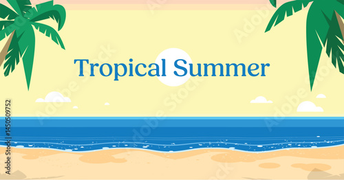 Tropical Summer Background with Palm Leaves and Sea – Vector Illustration