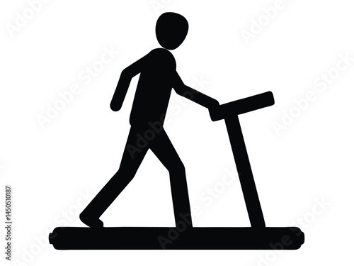 walking, treadmill, exercise, fitness concept, workout routine, indoors. Man running on a treadmill silhouette vector illustration.
