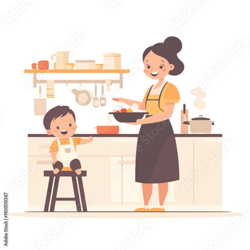 Mother Cooking with Toddler – Kitchen Vector Scene