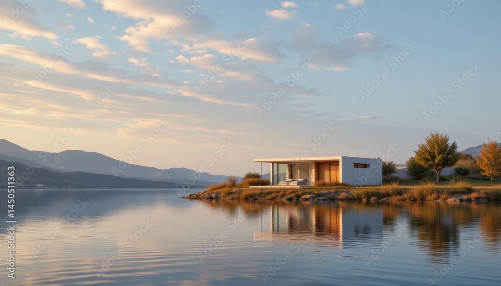 Obraz premium Modern House on Lake at Sunset
