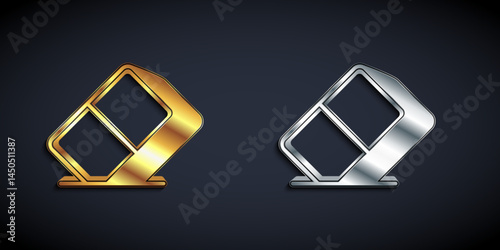 Gold and silver Eraser or rubber icon isolated on black background. Long shadow style. Vector