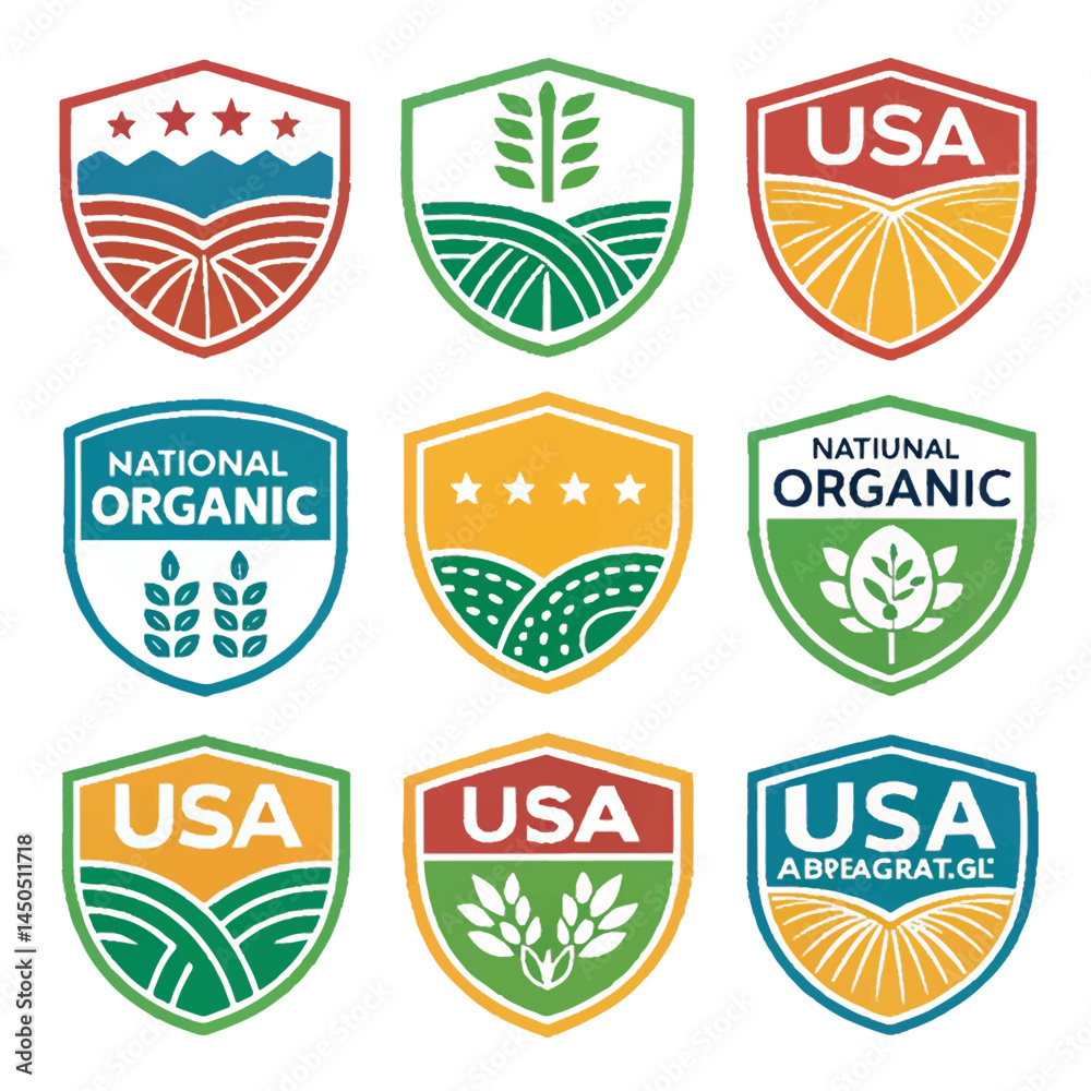 Obraz premium Collection of Organic Badges and Labels Organic Food Products and USA Agriculture gmo vector icon