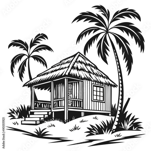 Explore tropical paradise vector art with palm trees and beach hut in black and white line drawing style isolated on transparent background