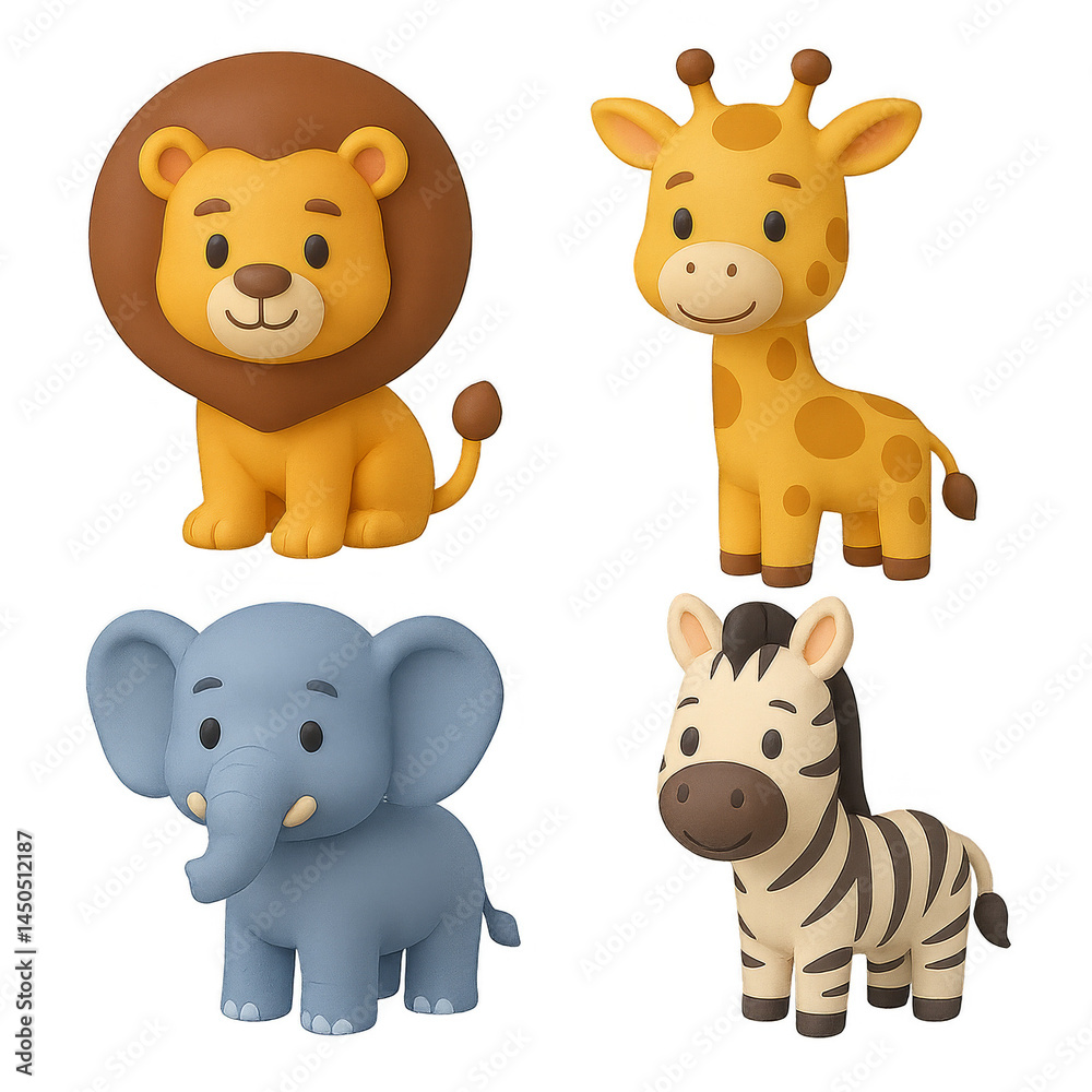 Naklejka premium Safari Animal Ensemble: Charming illustration of four endearing safari animals, capturing their unique features with a playful and inviting style, ideal for children's projects.