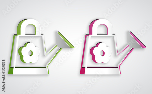 Paper cut Watering can icon isolated on grey background. Irrigation symbol. Paper art style. Vector
