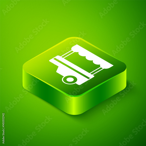 Isometric Fast street food cart with awning icon isolated on green background. Urban kiosk. Green square button. Vector