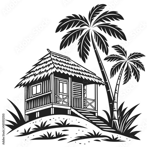 Tropical beach hut vector design with palm trees for summer vacation and travel destination graphics isolated on transparent background