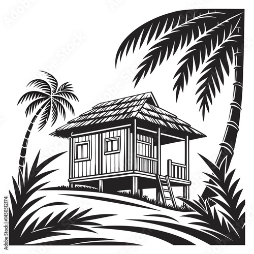Tropical beach hut vector illustration with palm trees for summer vacation and travel designs isolated on transparent background