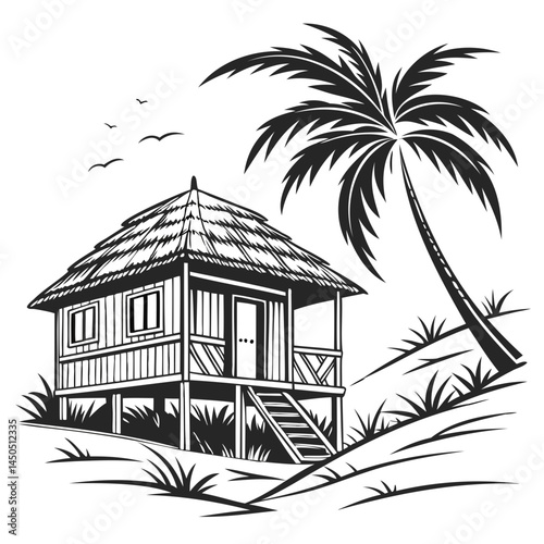 Black and white tropical beach hut vector illustration with palm tree and birds summer vacation design isolated on transparent background