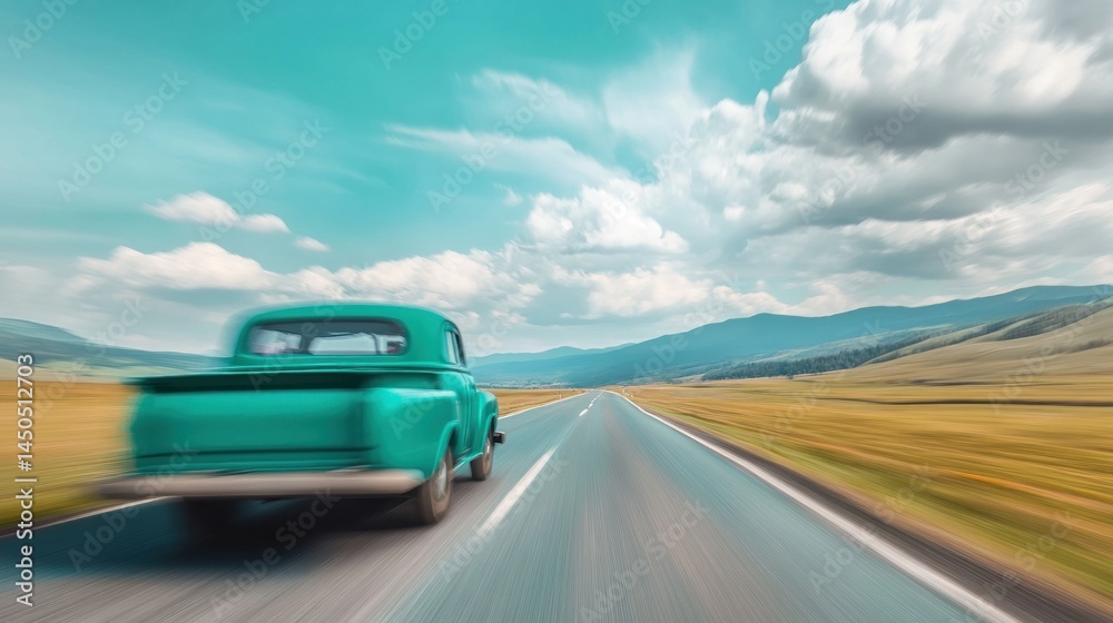 Fototapeta premium Vintage pickup truck driving on scenic highway motion blur summer day