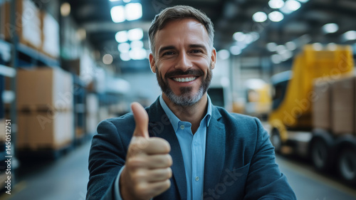 Smiling warehouse manager giving thumbs up in logistics facility with boxes and trucks.