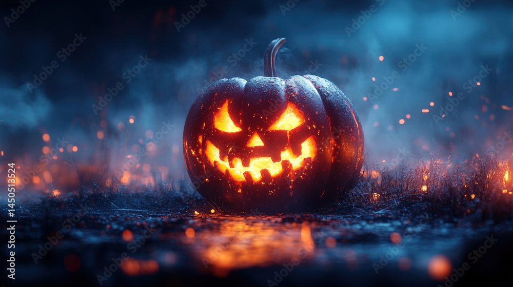 Fototapeta premium A glowing jack-o'-lantern with a menacing grin sits amidst a field of flickering embers and smoke