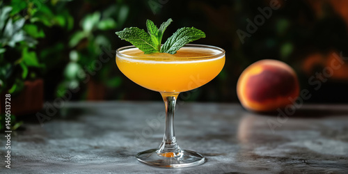 Refreshing peach cocktail garnished with mint leaves in elegant glassware.