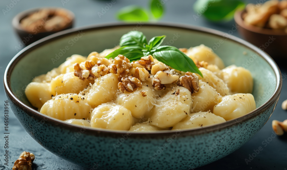 Delicious gnocchi with walnuts and basil in a rustic bowl.