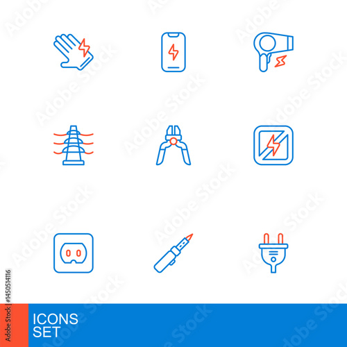 Set line Electric plug, Soldering iron, Electrical outlet, No lightning, tower line, Pliers tool, Hair dryer and Mobile phone icon. Vector