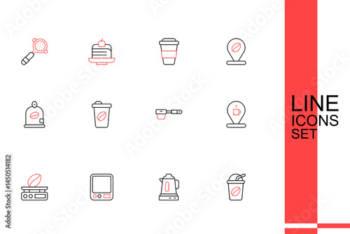 Set line Iced coffee, Electric kettle, Electronic scales, Location with cup, Coffee filter holder, to go and Bag beans icon. Vector