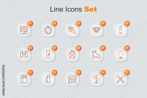 Set line Burning match with fire, Road traffic sign, Hunting shop, Thermos container, Open matchbox and matches, Tree, Hunter boots and Canteen water bottle icon. Vector