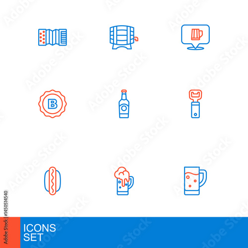 Set line Glass of beer, Hotdog sandwich, Bottle opener, cap, Beer bottle, Wooden mug and barrel on rack icon. Vector