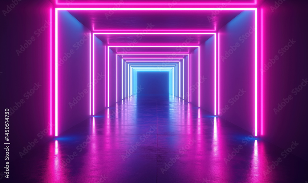 Neon-lit corridor with vibrant pink and blue lights creating a futuristic atmosphere. Neon-lit corridor with vibrant pink and blue lights creating a futuristic atmosphere.