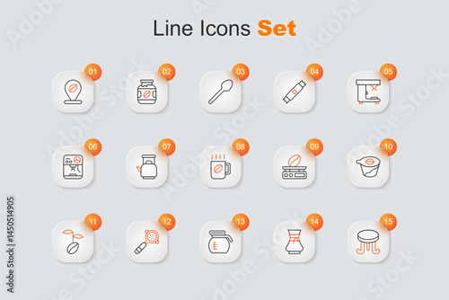 Set line Coffee table, Pour over coffee maker, pot, filter holder, beans, Electronic scales and cup icon. Vector
