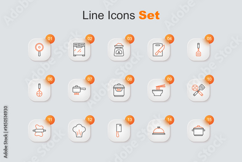 Set line Cooking pot, Covered with tray of food, Meat chopper, Chef hat, Rolling pin on dough, Spatula, Asian noodles bowl and Slow cooker icon. Vector