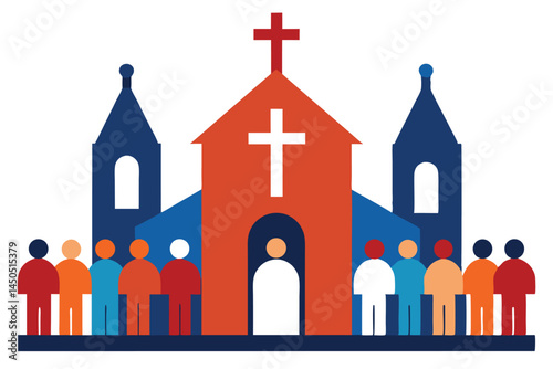 Colorful Church Building with People Attending Religious Services and a White Figure
