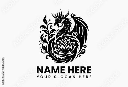 Ornate dragon-shaped crown intertwined with roses, royal vector emblem for luxury brands and gaming clans 