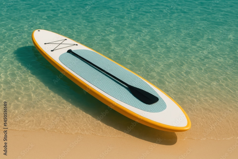 Bright paddleboard with black paddle floats at the edge of turquoise sea and sandy beach. A serene tropical image perfect for vacation themes, water sports, and summer lifestyle visuals Bright paddleboard with black paddle floats at the edge of turquoise sea and sandy beach. A serene tropical image perfect for vacation themes, water sports, and summer lifestyle visuals