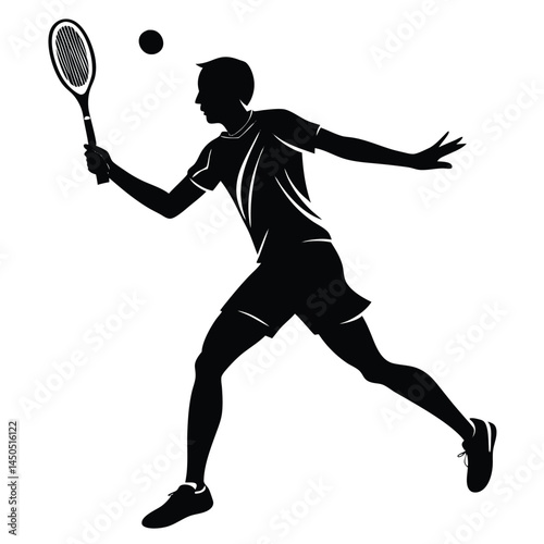 Tennis Player Silhouette: A dynamic silhouette of a tennis player in mid-swing, capturing the raw energy and focus of the sport. The player's powerful stance and outstretched arm.