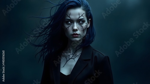 Portrait of a woman with glowing eyes and dark cracks on her face and neck in a dark setting